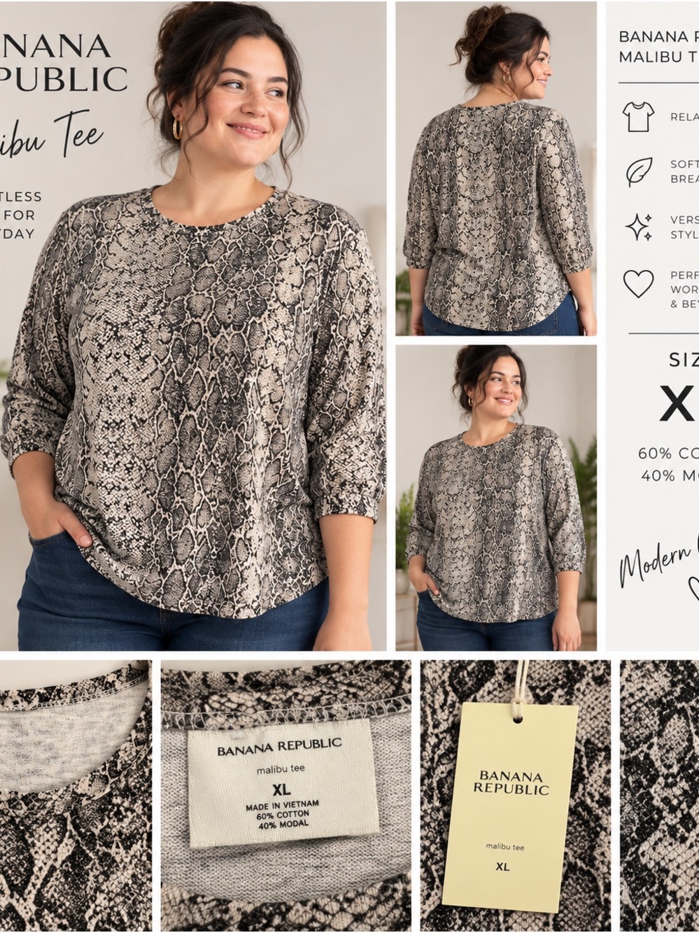 Banana Republic Snake Print Long Sleeve Tee - Gray, Black